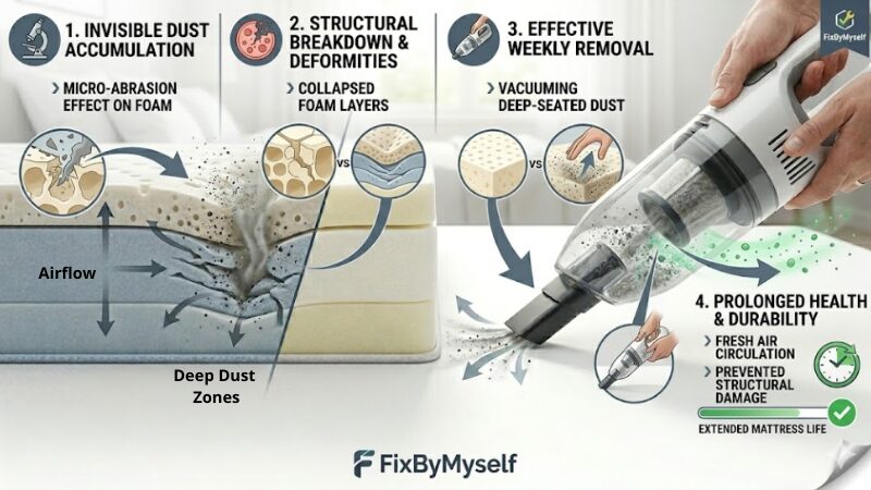 A detailed infographic in English showing the impact of invisible dust on mattress foam, highlighting deep dust zones, air flow, structural degradation, and weekly vacuuming benefits.