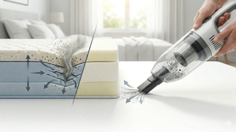 A clean and professional featured image showing a hand using a modern handheld vacuum cleaner to deep clean and protect a foam mattress surface.