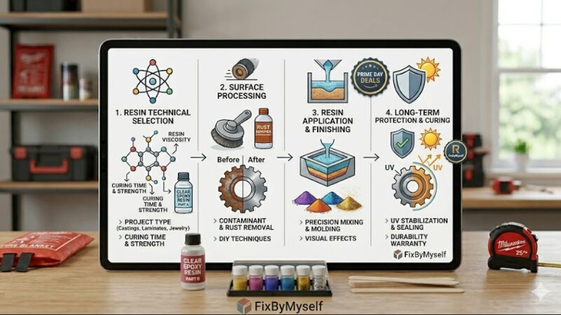A technical four-column infographic in English detailing application steps, safety tips, and selection criteria for epoxy resin kits and rust removers.