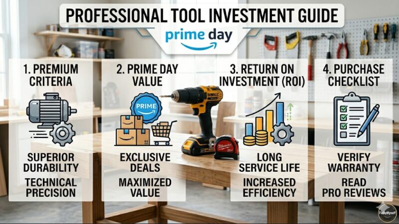 A professional four-column infographic showing commercial-grade power tool investment criteria, ROI metrics, and a buyer checklist tailored for Prime Day deals.