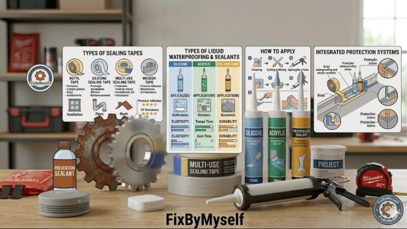An educational four-column infographic in English detailing types of sealing tapes, liquid waterproof sealants, application steps, and integrated home protection systems.