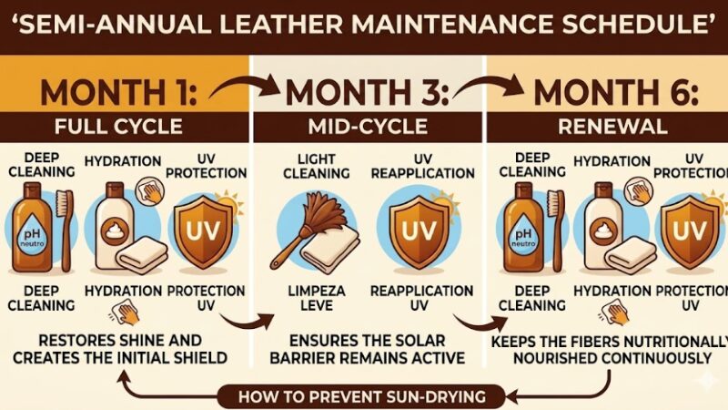 Infographic in English showing a semi-annual leather maintenance schedule in three phases: Month 1 Full Cycle, Month 3 Mid-Cycle, and Month 6 Renewal to prevent sun drying.