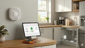 Cozinha moderna e limpa mostrando um painel de segurança inteligente no balcão, o armário embaixo da pia com as portas abertas revelando a instalação de um sensor de vazamento de água, e um detector de fumaça inteligente instalado na parede.