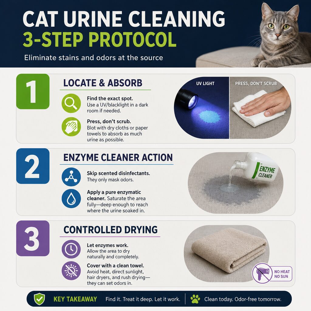 Three-step infographic illustrating the odor elimination process in thick couches: application of a specific spray, dwell time with a towel, and final fabric protection.