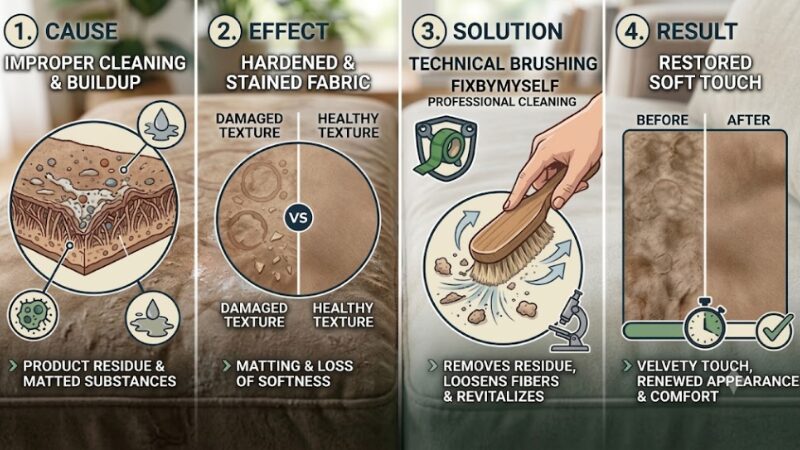 A detailed four-column educational infographic in English explaining the cause of stiff suede, the visual effects of bad cleaning, the technical brushing solution, and the restored soft touch result.