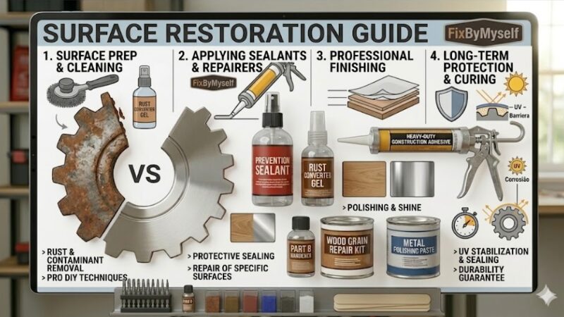 A detailed four-column infographic in English detailing surface preparation, sealant application, professional finishing, and long-term protection steps.
