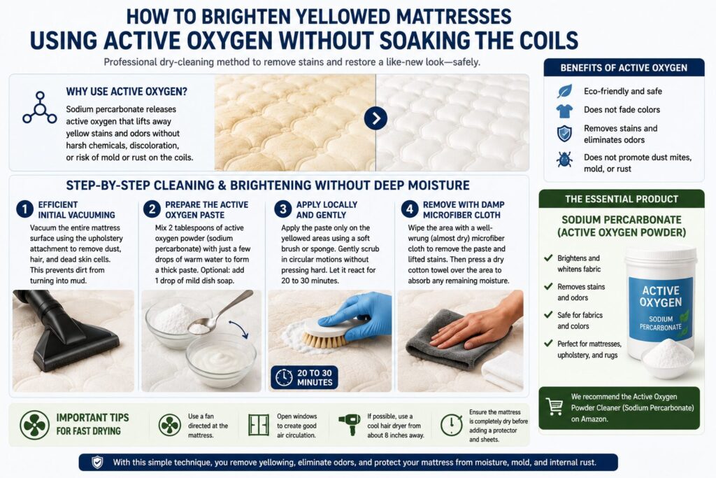 Step-by-step infographic explaining how to brighten a yellowed mattress with active oxygen powder, including preparation, application, stain removal, and proper drying techniques.