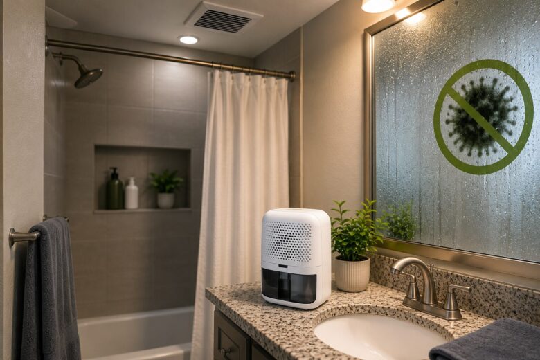 Modern rental bathroom with a ceiling exhaust fan, fogged mirror, and compact dehumidifier to help prevent mold in U.S. homes and apartments.