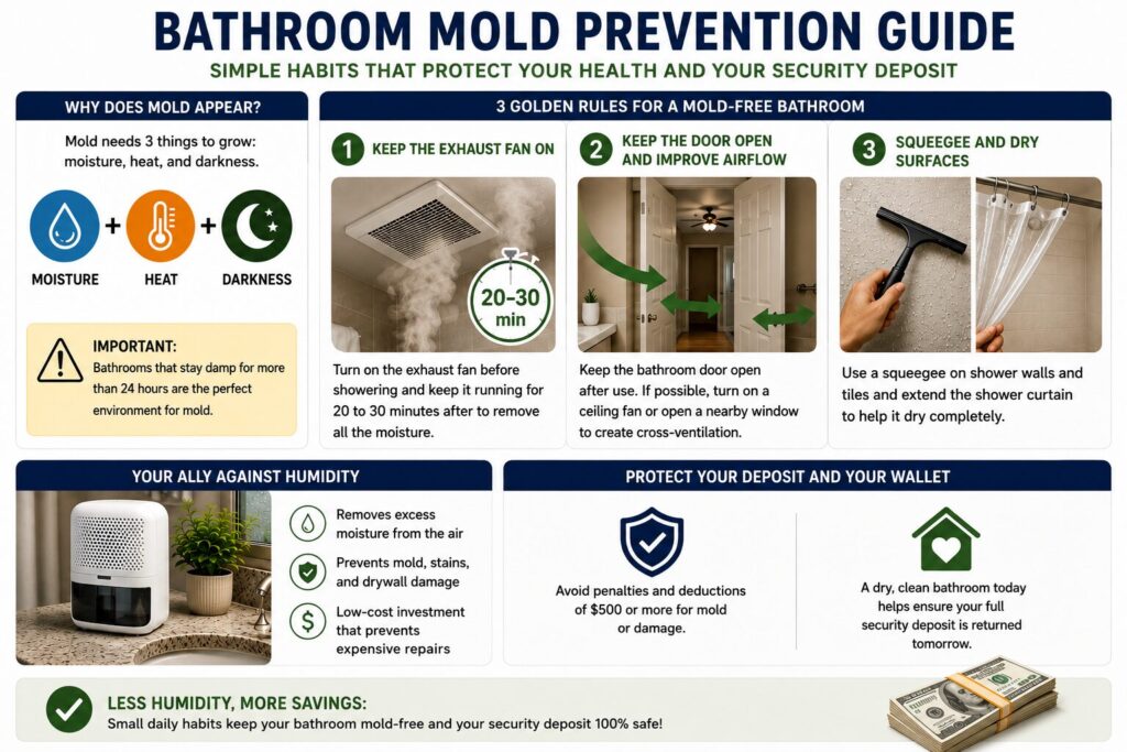 Step-by-step infographic showing practical bathroom mold prevention tips, including proper ventilation, exhaust fan use, drying wet surfaces, and moisture control for U.S. renters.