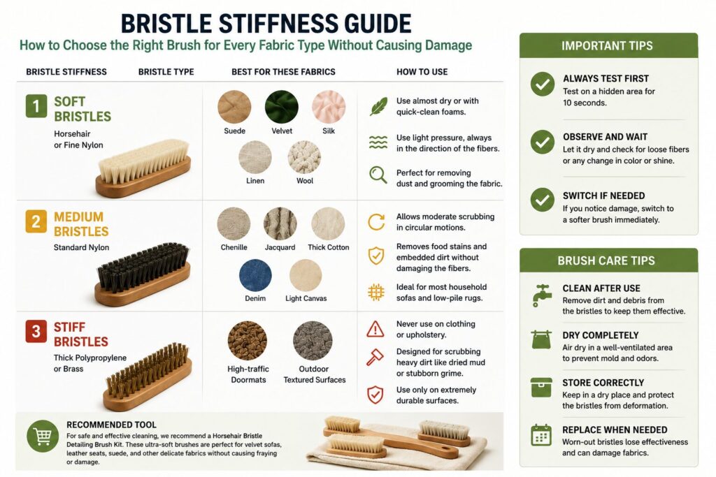 Infographic comparing soft, medium, and stiff brush bristles with recommended fabric types, proper cleaning techniques, and fabric care tips.