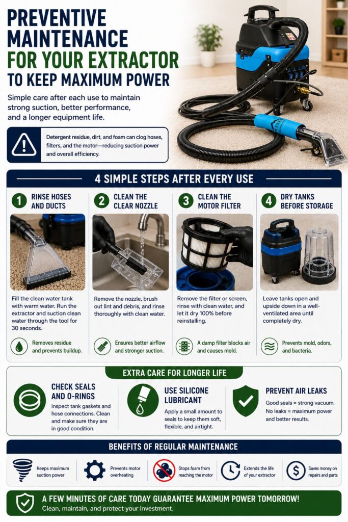 Step-by-step infographic explaining preventive maintenance for a carpet and upholstery extractor, including hose flushing, clear nozzle cleaning, motor filter maintenance, tank drying, and seal inspection to maximize suction performance.