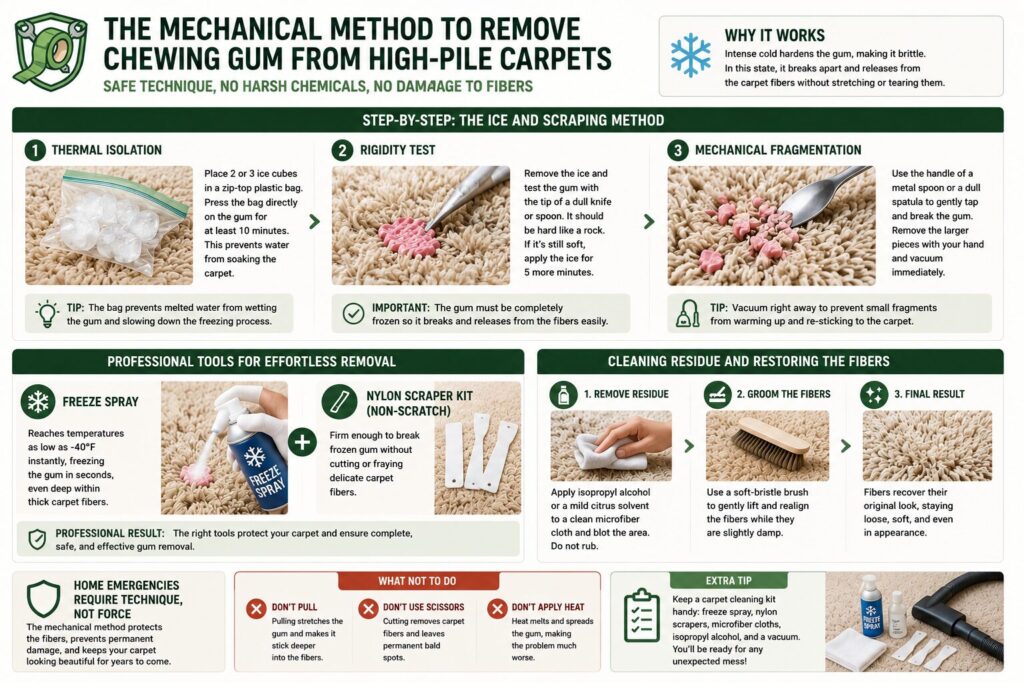 Step-by-step infographic explaining how to remove chewing gum from high-pile carpets using ice, mechanical scraping, residue cleaning, and fiber restoration techniques.