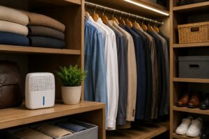 Well-organized walk-in closet with properly spaced clothing, shelves, and a compact dehumidifier, illustrating moisture control to prevent mold and protect stored garments.