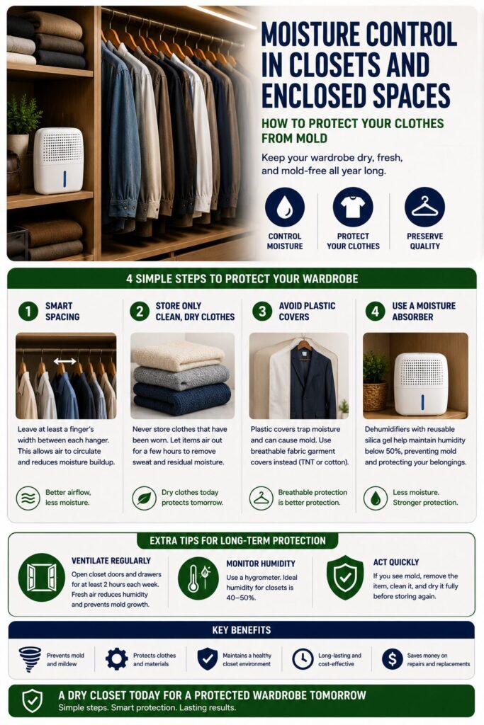 Step-by-step infographic explaining how to control moisture in closets by improving airflow, storing only clean and dry clothes, using breathable garment covers, adding a moisture absorber, and maintaining regular ventilation to prevent mold.