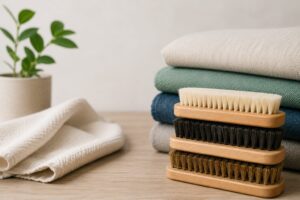Escovas com diferentes tipos de cerdas ao lado de tecidos delicados e resistentes para demonstrar como escolher a escova ideal para cada material.
