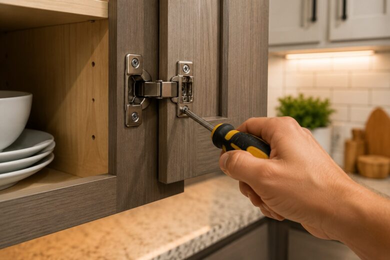 Pessoa ajustando a dobradiça de uma porta de armário de cozinha com uma chave de fenda para corrigir o alinhamento da porta.