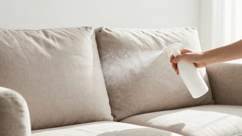 Mão borrifando spray caseiro anti-estática em um sofá de tecido para repelir pelos de pets naturalmente.