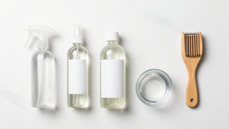 Step-by-step infographic showing ingredients to make a natural anti-static spray for clothes and furniture.