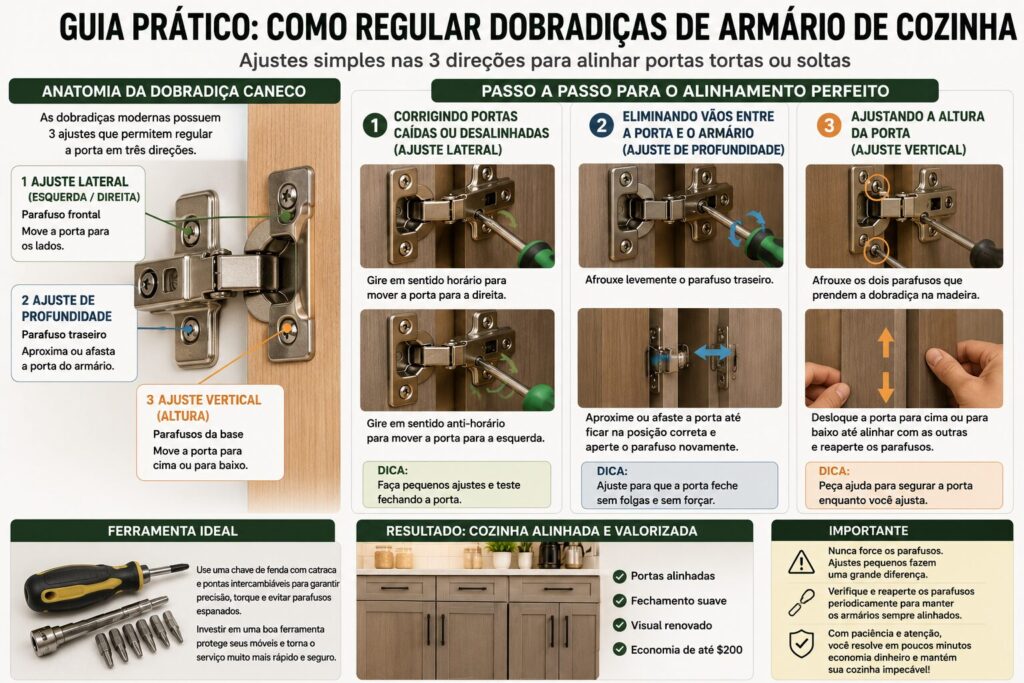 Infográfico explicando como ajustar dobradiças de armário de cozinha, incluindo regulagem lateral, profundidade e altura da porta.