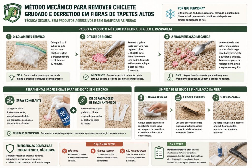 Infográfico mostrando o passo a passo para remover chiclete de tapetes de fibras altas utilizando gelo, raspagem mecânica e técnicas de limpeza sem danificar as fibras.