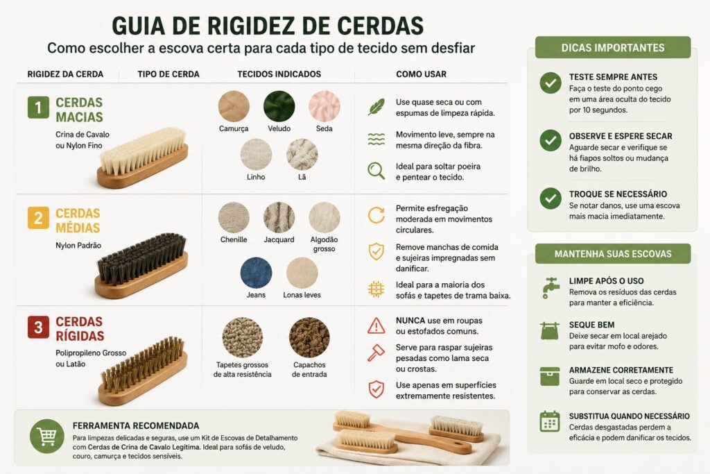 Infográfico comparando cerdas macias, médias e rígidas, indicando os tecidos recomendados, formas corretas de uso e cuidados para evitar danos às fibras.