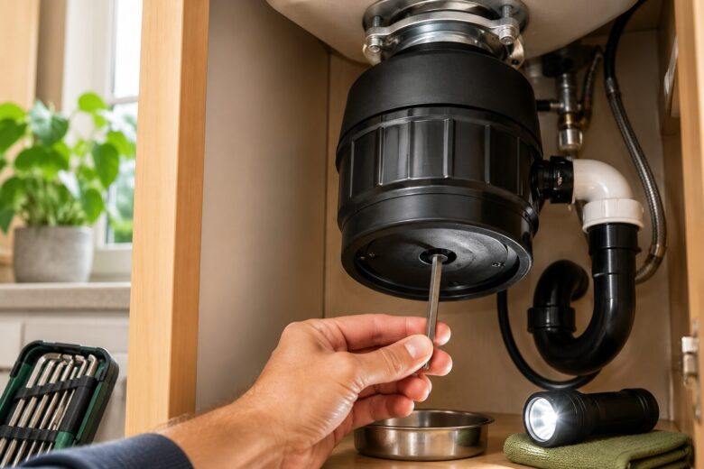 Homeowner using an Allen wrench to unjam a garbage disposal beneath a kitchen sink in the United States.