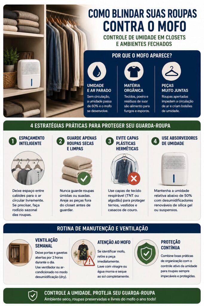 Infográfico resumido mostrando as principais estratégias para controlar a umidade em closets, incluindo espaçamento entre roupas, armazenamento de peças secas, uso de capas respiráveis, absorvedores de umidade e ventilação periódica.