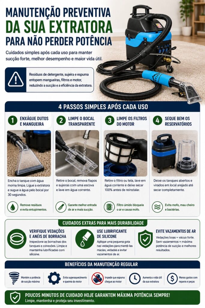 Infográfico mostrando os principais cuidados de manutenção preventiva para máquinas extratoras, incluindo limpeza da mangueira, bocal, filtro do motor, reservatórios e vedações para manter a potência de sucção.
