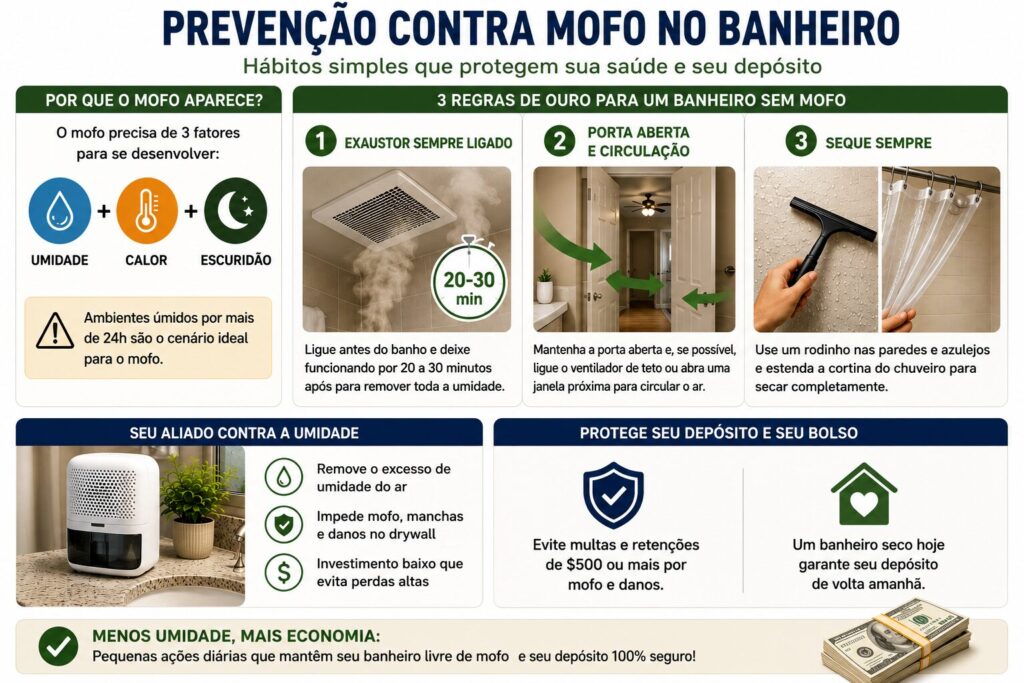 Infográfico com dicas práticas para prevenir mofo no banheiro, incluindo ventilação adequada, uso do exaustor, secagem das superfícies e controle da umidade.