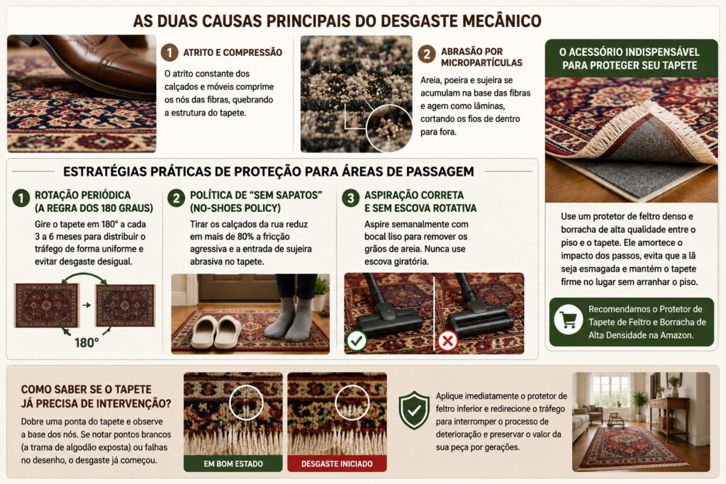 Infográfico mostrando as principais causas do desgaste mecânico em tapetes orientais e as melhores práticas para proteger as fibras em áreas de alto tráfego.