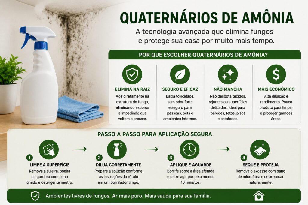 Infográfico explicando como os quaternários de amônia eliminam fungos, suas principais vantagens e o passo a passo para aplicação segura em superfícies residenciais.