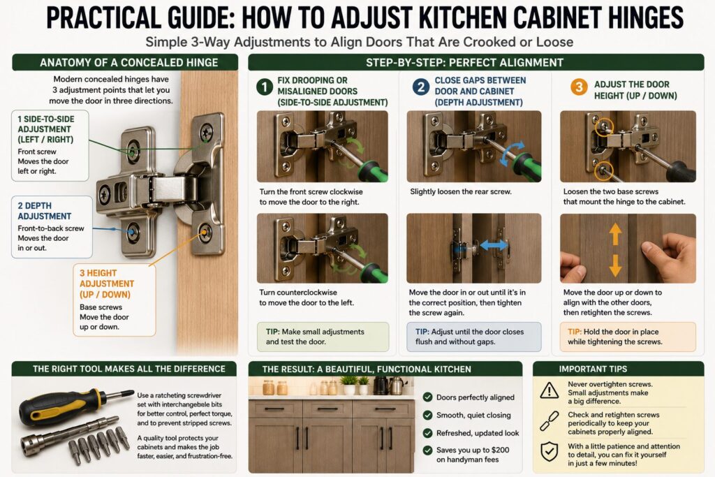 Step-by-step infographic showing how to adjust concealed kitchen cabinet hinges, including side-to-side, depth, and height adjustments for proper door alignment.