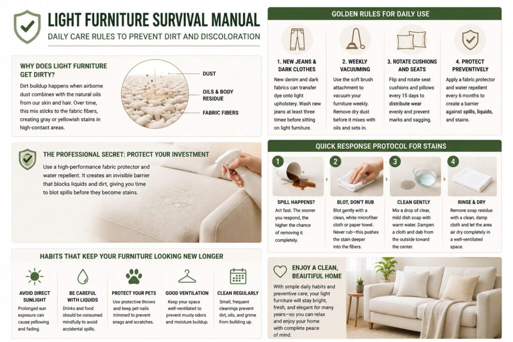 Infographic explaining daily maintenance, stain removal techniques, and preventive care tips to keep light-colored upholstery clean and looking new.