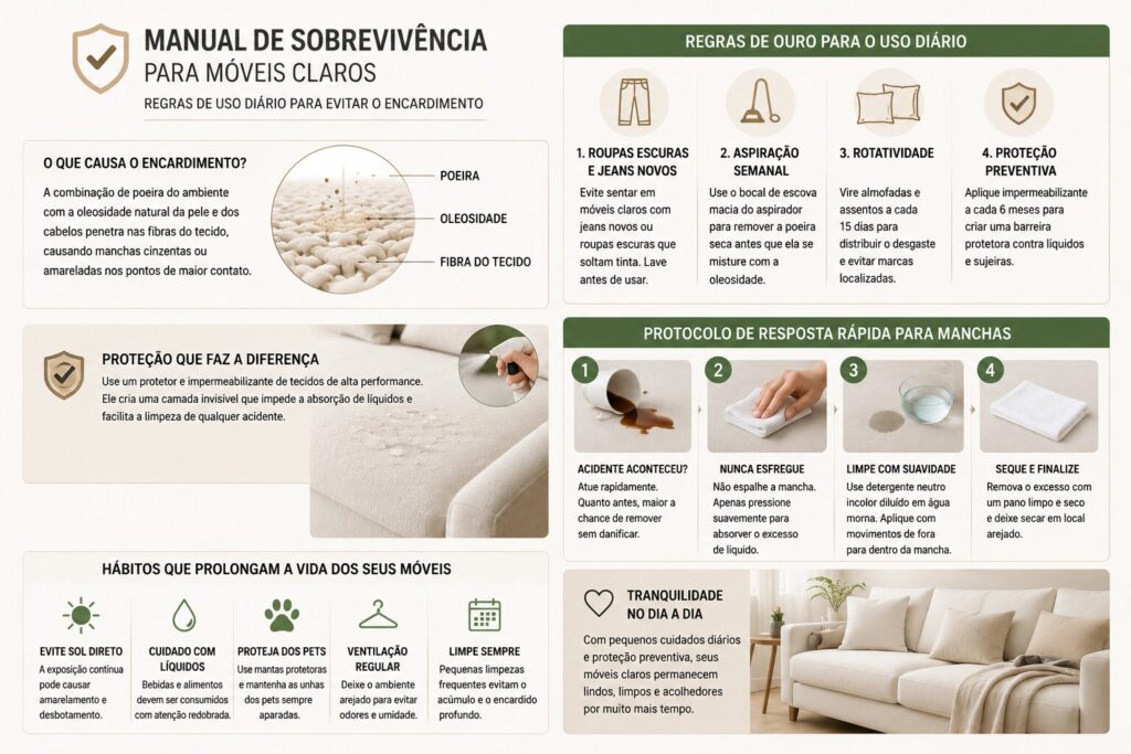 Infográfico com orientações sobre limpeza preventiva, remoção de manchas e manutenção diária de sofás e estofados claros para evitar encardimento.