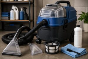Máquina extratora profissional para limpeza de carpetes e estofados com mangueira e bocal de extração, ilustrando a manutenção preventiva para preservar a potência de sucção.