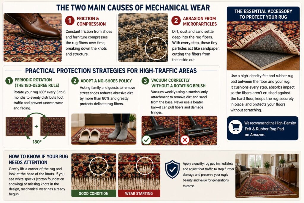 Infographic explaining the main causes of mechanical wear on Oriental rugs and the best practices to protect rug fibers in high-traffic areas.