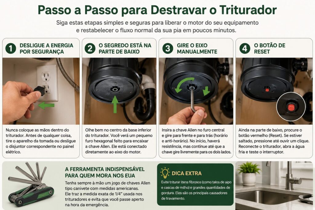 Infográfico mostrando o passo a passo para destravar um triturador de pia travado com segurança usando uma chave Allen e o botão de reset.