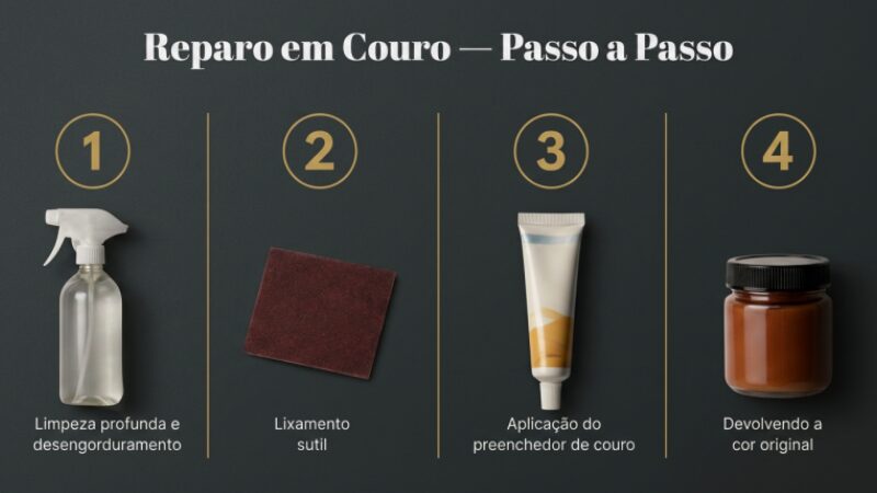Infográfico mostrando as quatro etapas para restaurar couro: limpeza, lixamento, preenchimento e pintura.