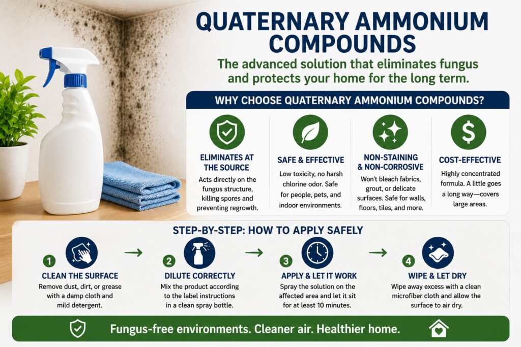 Infographic explaining how quaternary ammonium compounds eliminate mold and fungi, highlighting key benefits and the recommended application process for residential surfaces.