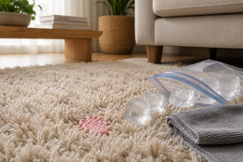 High-pile carpet with chewing gum, ice cubes in a zip-top bag, and a microfiber cloth illustrating a safe method to remove gum without damaging carpet fibers.