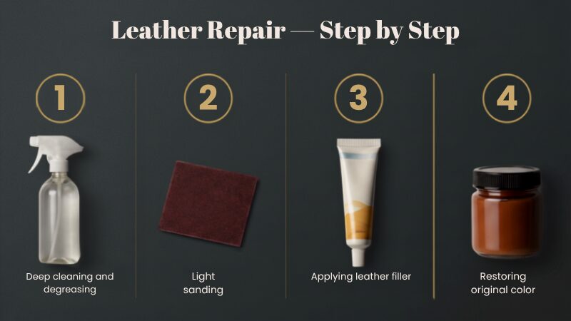 Infographic showing the four stages to restore cracked leather: cleaning, sanding, filling, and coloring.