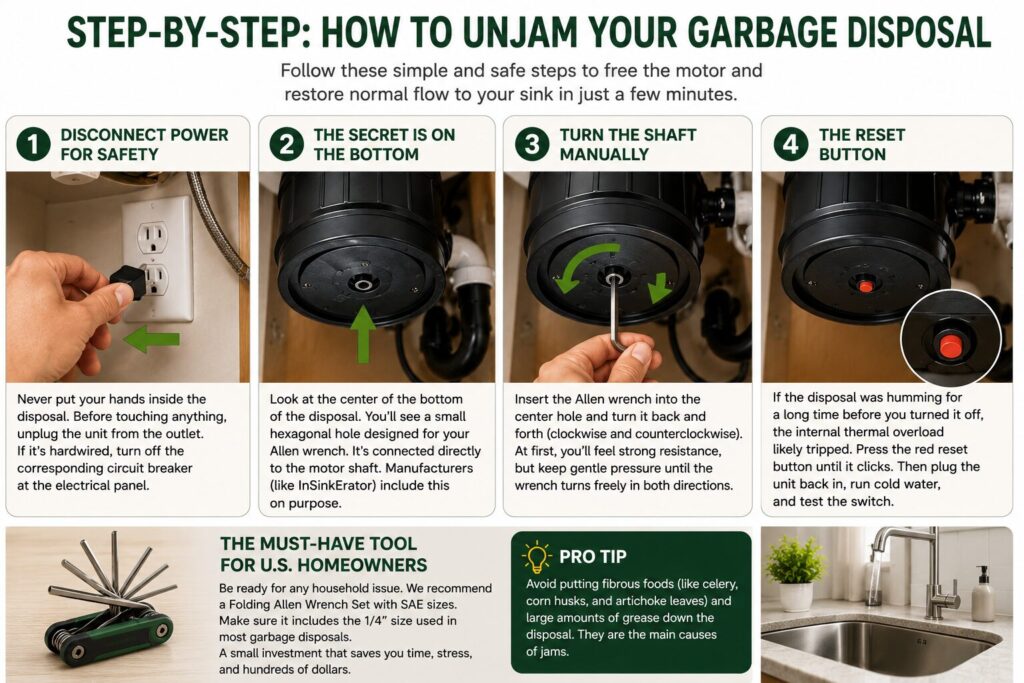Step-by-step infographic explaining how to safely unjam a garbage disposal using an Allen wrench and the reset button.