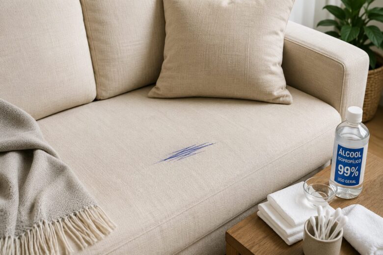 Sofá de linho bege com mancha de caneta esferográfica azul e materiais para limpeza, ilustrando a remoção segura de tinta sem danificar as fibras do tecido.