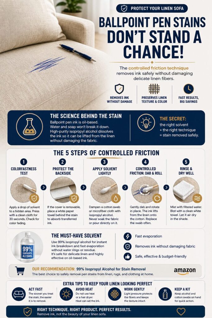 Step-by-step infographic explaining the controlled friction technique for removing ballpoint pen stains from linen upholstery, including colorfastness testing, careful isopropyl alcohol application, gentle dabbing, and proper drying to protect the fabric.