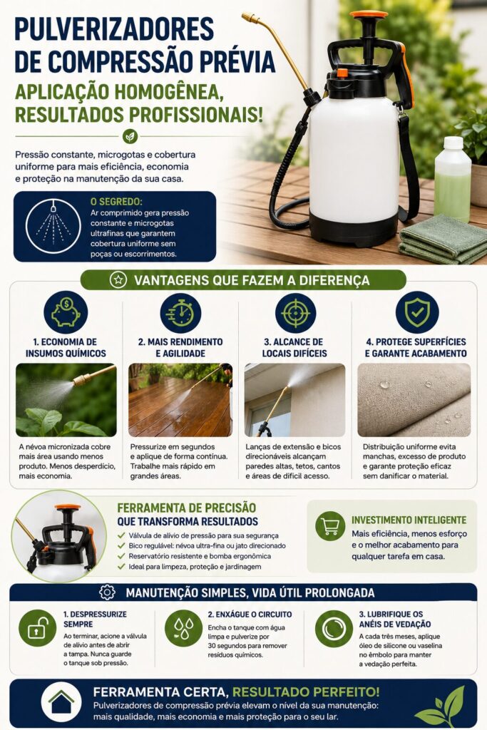 Infográfico resumido mostrando as vantagens dos pulverizadores de compressão prévia, incluindo pressão constante, economia de produtos, cobertura uniforme, maior alcance e cuidados básicos de manutenção para prolongar a vida útil do equipamento.