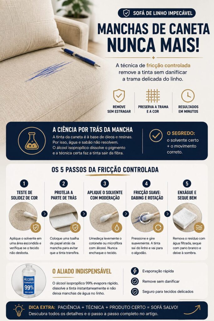 Infográfico mostrando a técnica de fricção controlada para remover manchas de caneta esferográfica de estofados de linho, destacando o uso de álcool isopropílico, movimentos suaves e cuidados para preservar a textura do tecido.