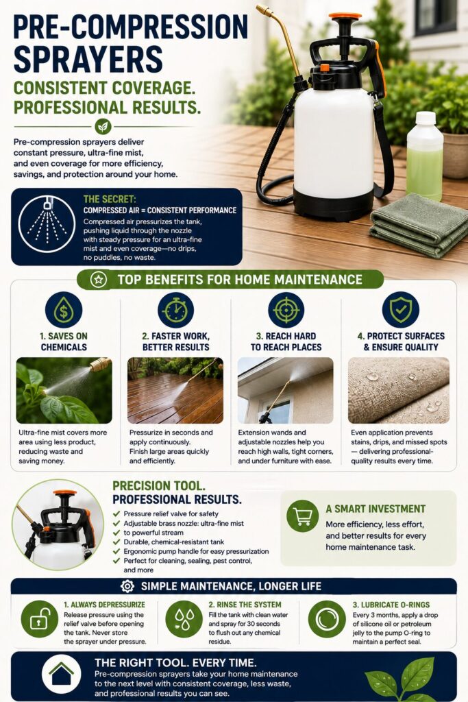 Step-by-step infographic highlighting the key benefits of pre-compression sprayers, including consistent pressure, even spray coverage, reduced chemical waste, faster application, extended reach, and simple maintenance practices for long-lasting performance.