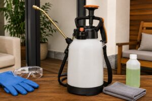 Pulverizador de compressão prévia com lança de pulverização e acessórios de limpeza, ilustrando a aplicação homogênea de produtos para manutenção residencial.