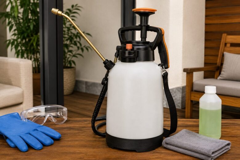 Pulverizador de compressão prévia com lança de pulverização e acessórios de limpeza, ilustrando a aplicação homogênea de produtos para manutenção residencial.